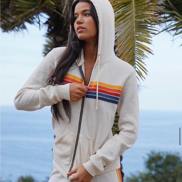 🌈 Aviator Nation Cream Rainbow Striped Hoodie - Picture 6 of 7
